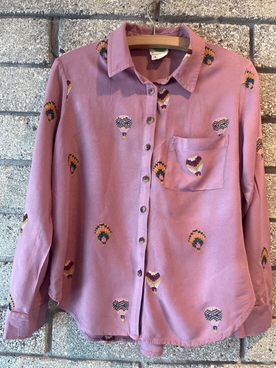 Anthropologie Tops - Hot Air Balloon Embroidered Button-Down Shirt Mauve Petite Size 6P Anthropology
